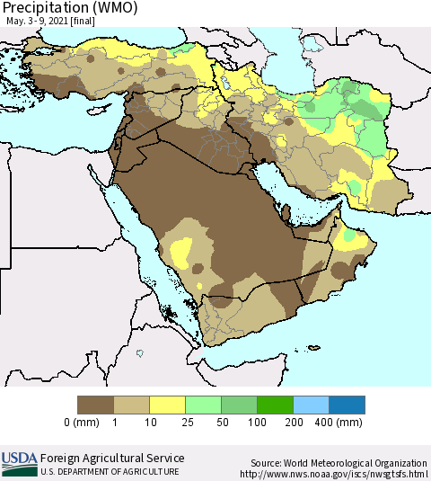 Middle East and Turkey Precipitation (WMO) Thematic Map For 5/3/2021 - 5/9/2021