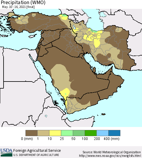 Middle East and Turkey Precipitation (WMO) Thematic Map For 5/10/2021 - 5/16/2021