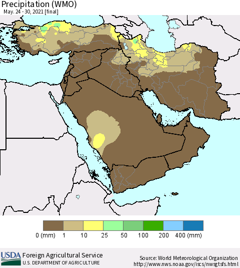 Middle East and Turkey Precipitation (WMO) Thematic Map For 5/24/2021 - 5/30/2021