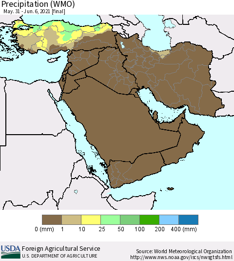 Middle East and Turkey Precipitation (WMO) Thematic Map For 5/31/2021 - 6/6/2021