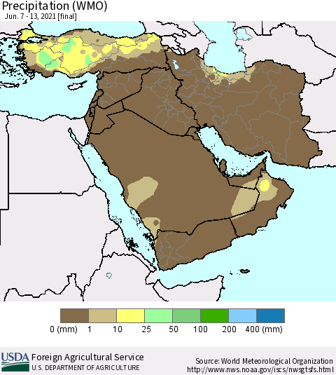 Middle East and Turkey Precipitation (WMO) Thematic Map For 6/7/2021 - 6/13/2021