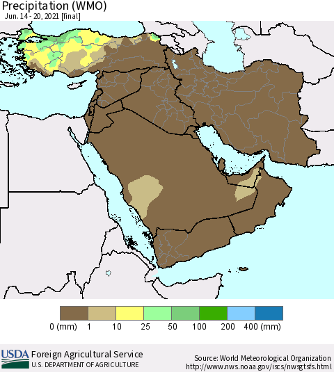 Middle East and Turkey Precipitation (WMO) Thematic Map For 6/14/2021 - 6/20/2021