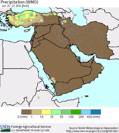 Middle East and Turkey Precipitation (WMO) Thematic Map For 6/21/2021 - 6/27/2021