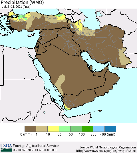 Middle East and Turkey Precipitation (WMO) Thematic Map For 7/5/2021 - 7/11/2021