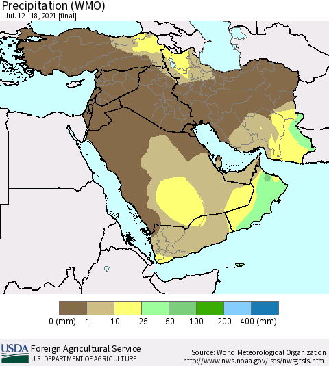 Middle East and Turkey Precipitation (WMO) Thematic Map For 7/12/2021 - 7/18/2021