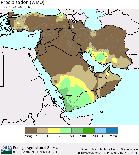 Middle East and Turkey Precipitation (WMO) Thematic Map For 7/19/2021 - 7/25/2021
