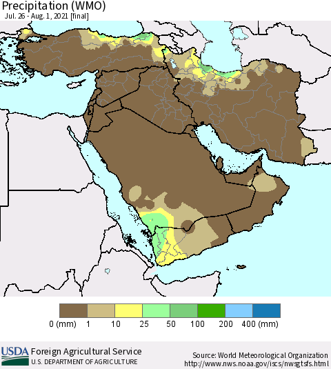 Middle East and Turkey Precipitation (WMO) Thematic Map For 7/26/2021 - 8/1/2021