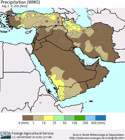 Middle East and Turkey Precipitation (WMO) Thematic Map For 8/2/2021 - 8/8/2021