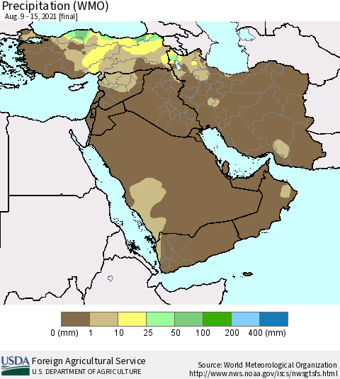 Middle East and Turkey Precipitation (WMO) Thematic Map For 8/9/2021 - 8/15/2021