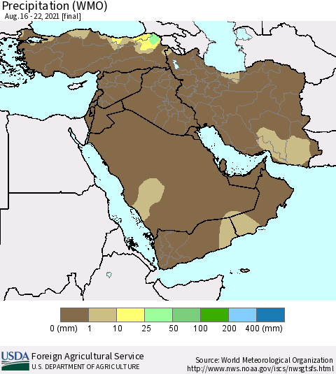 Middle East and Turkey Precipitation (WMO) Thematic Map For 8/16/2021 - 8/22/2021