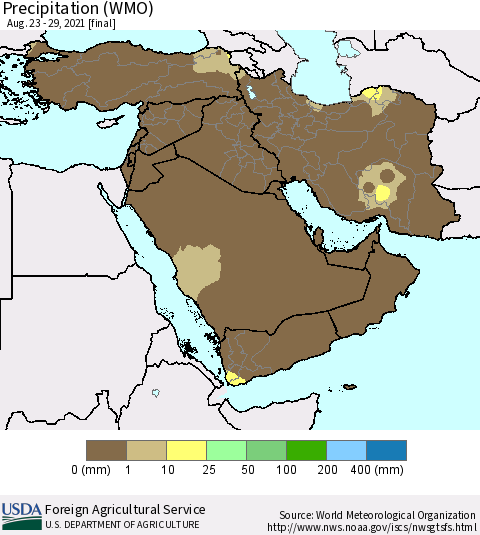 Middle East and Turkey Precipitation (WMO) Thematic Map For 8/23/2021 - 8/29/2021