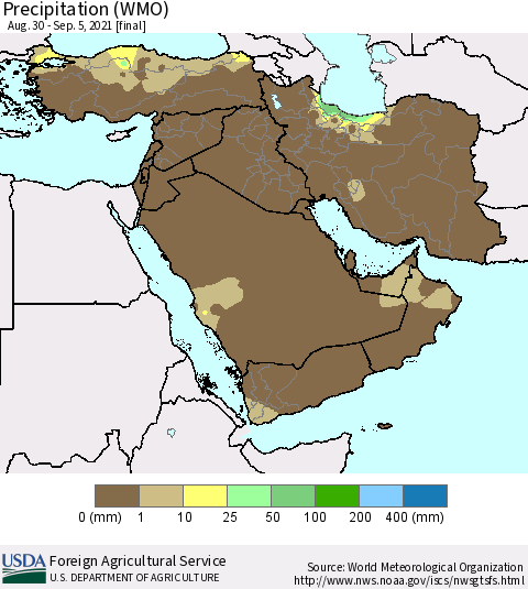 Middle East and Turkey Precipitation (WMO) Thematic Map For 8/30/2021 - 9/5/2021