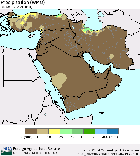 Middle East and Turkey Precipitation (WMO) Thematic Map For 9/6/2021 - 9/12/2021