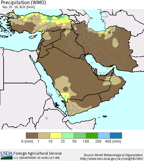 Middle East and Turkey Precipitation (WMO) Thematic Map For 9/20/2021 - 9/26/2021