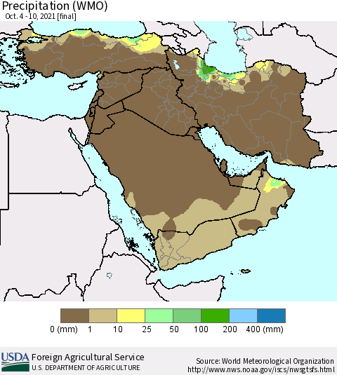 Middle East and Turkey Precipitation (WMO) Thematic Map For 10/4/2021 - 10/10/2021
