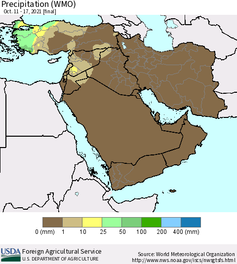 Middle East and Turkey Precipitation (WMO) Thematic Map For 10/11/2021 - 10/17/2021