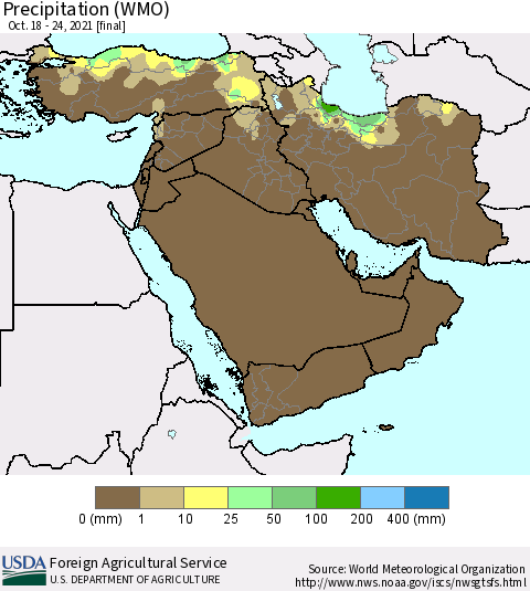 Middle East and Turkey Precipitation (WMO) Thematic Map For 10/18/2021 - 10/24/2021
