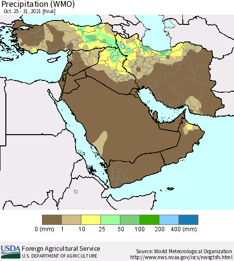 Middle East and Turkey Precipitation (WMO) Thematic Map For 10/25/2021 - 10/31/2021