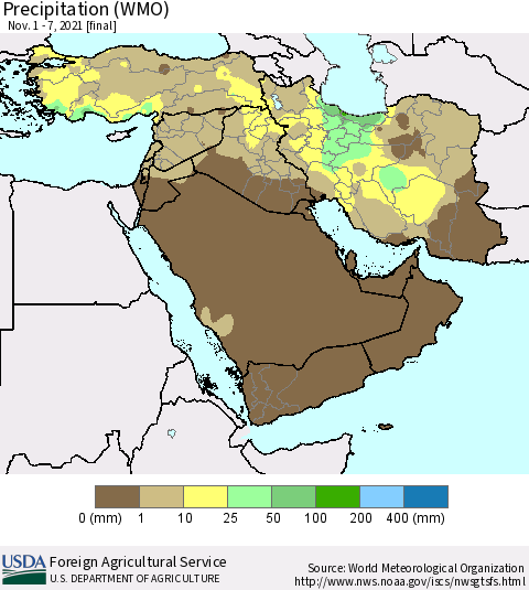 Middle East and Turkey Precipitation (WMO) Thematic Map For 11/1/2021 - 11/7/2021
