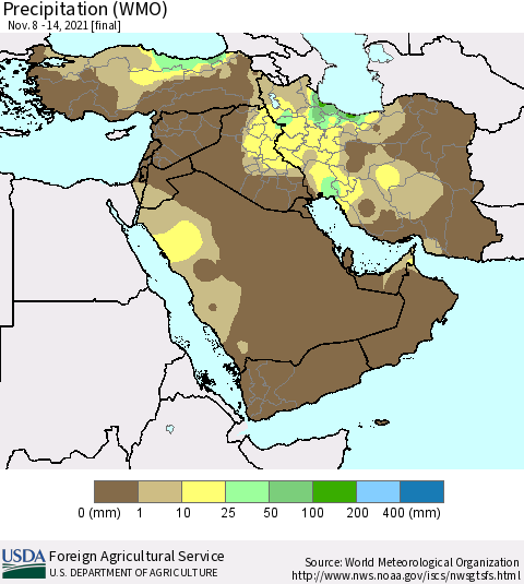 Middle East and Turkey Precipitation (WMO) Thematic Map For 11/8/2021 - 11/14/2021