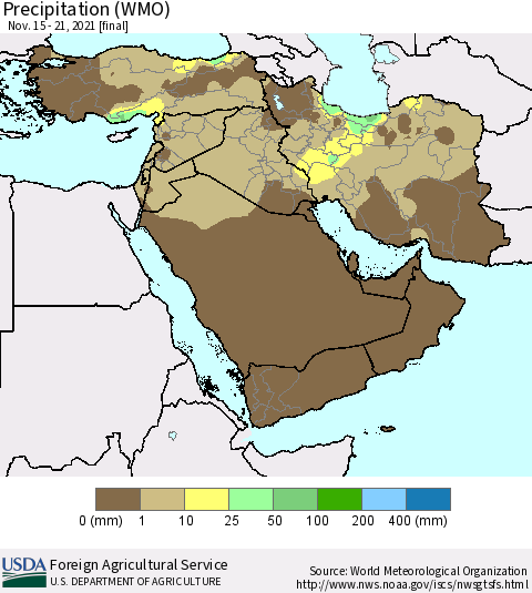 Middle East and Turkey Precipitation (WMO) Thematic Map For 11/15/2021 - 11/21/2021