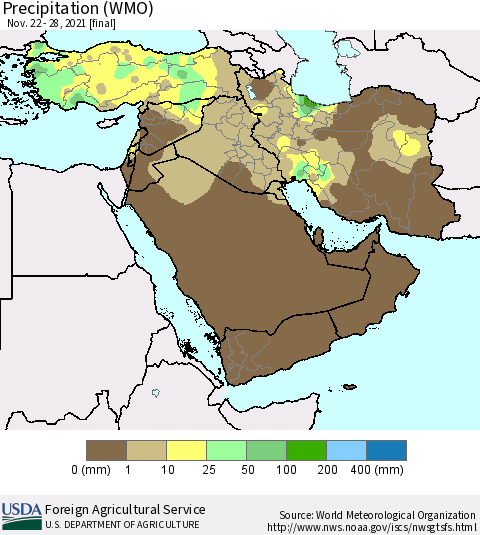 Middle East and Turkey Precipitation (WMO) Thematic Map For 11/22/2021 - 11/28/2021