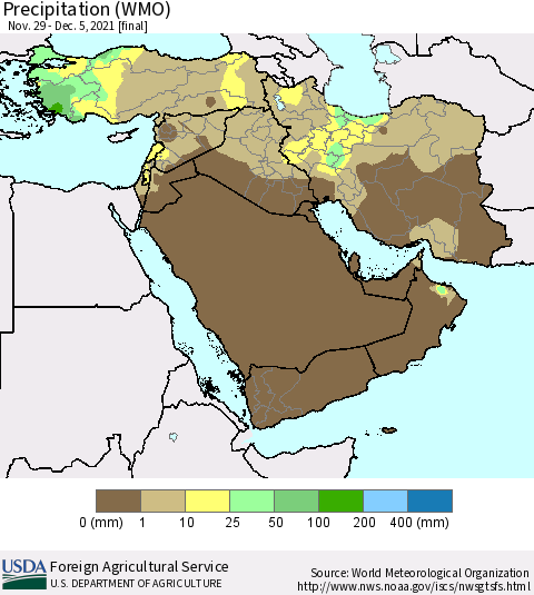 Middle East and Turkey Precipitation (WMO) Thematic Map For 11/29/2021 - 12/5/2021