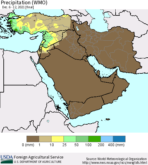 Middle East and Turkey Precipitation (WMO) Thematic Map For 12/6/2021 - 12/12/2021