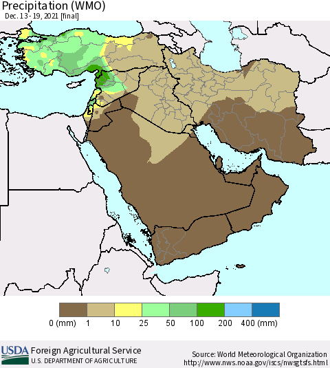 Middle East and Turkey Precipitation (WMO) Thematic Map For 12/13/2021 - 12/19/2021