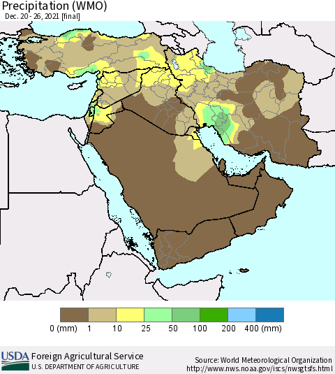 Middle East and Turkey Precipitation (WMO) Thematic Map For 12/20/2021 - 12/26/2021