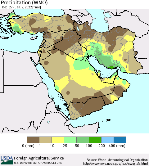 Middle East and Turkey Precipitation (WMO) Thematic Map For 12/27/2021 - 1/2/2022