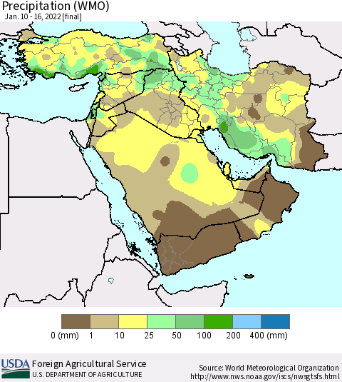 Middle East and Turkey Precipitation (WMO) Thematic Map For 1/10/2022 - 1/16/2022