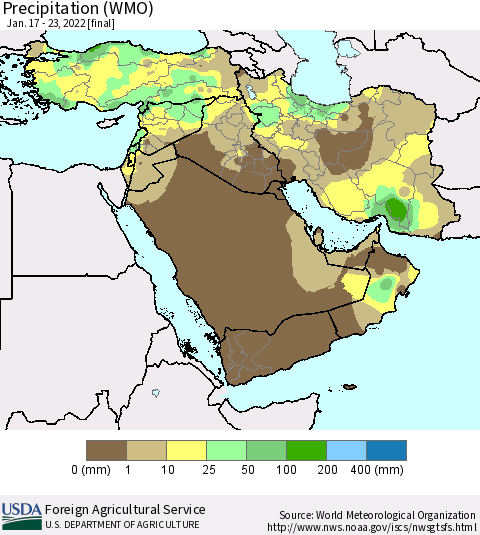 Middle East and Turkey Precipitation (WMO) Thematic Map For 1/17/2022 - 1/23/2022