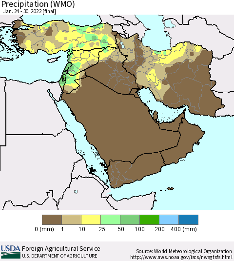 Middle East and Turkey Precipitation (WMO) Thematic Map For 1/24/2022 - 1/30/2022