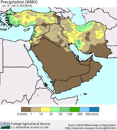 Middle East and Turkey Precipitation (WMO) Thematic Map For 1/31/2022 - 2/6/2022