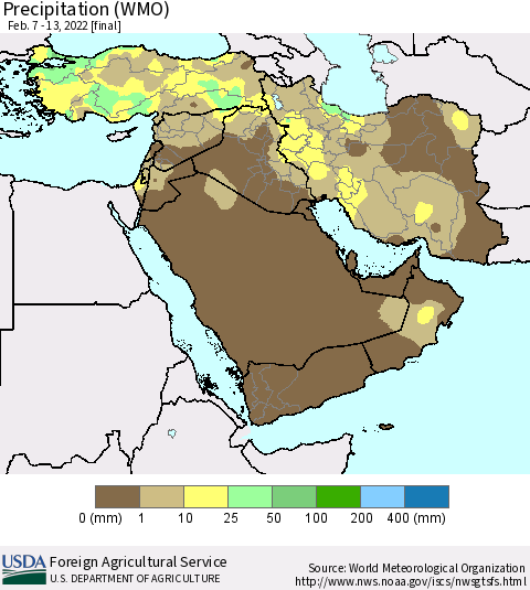 Middle East and Turkey Precipitation (WMO) Thematic Map For 2/7/2022 - 2/13/2022