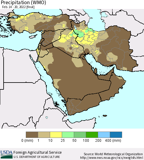 Middle East and Turkey Precipitation (WMO) Thematic Map For 2/14/2022 - 2/20/2022