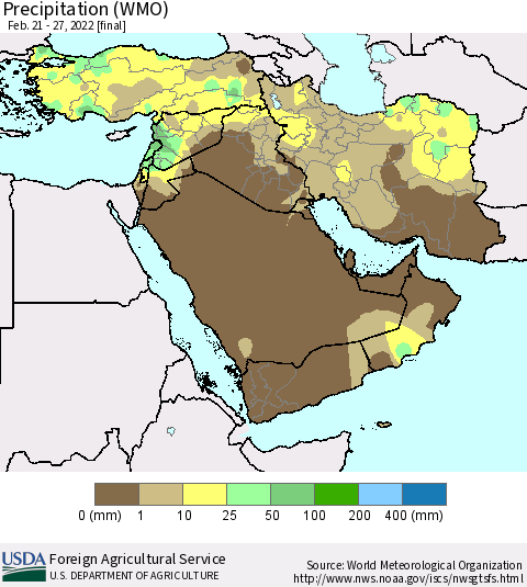 Middle East and Turkey Precipitation (WMO) Thematic Map For 2/21/2022 - 2/27/2022
