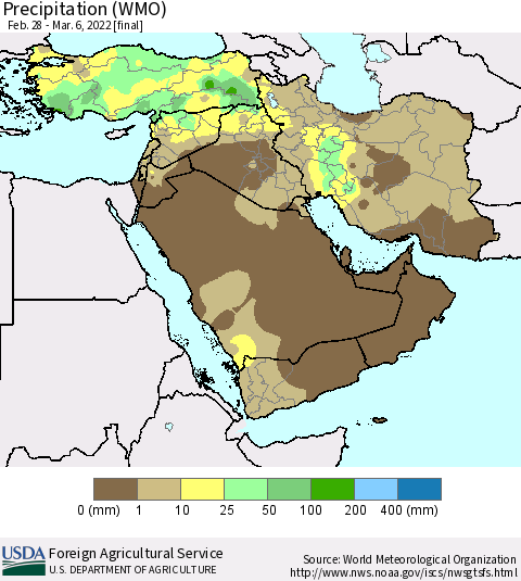 Middle East and Turkey Precipitation (WMO) Thematic Map For 2/28/2022 - 3/6/2022