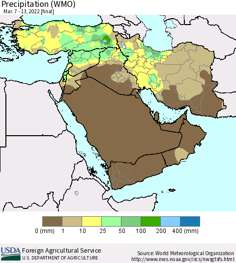 Middle East and Turkey Precipitation (WMO) Thematic Map For 3/7/2022 - 3/13/2022