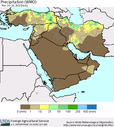 Middle East and Turkey Precipitation (WMO) Thematic Map For 3/14/2022 - 3/20/2022