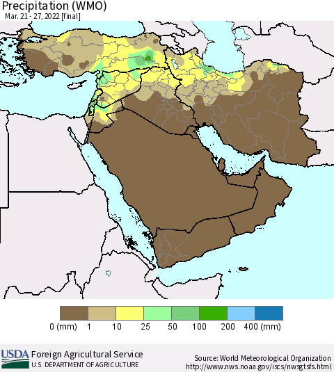 Middle East and Turkey Precipitation (WMO) Thematic Map For 3/21/2022 - 3/27/2022