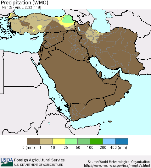 Middle East and Turkey Precipitation (WMO) Thematic Map For 3/28/2022 - 4/3/2022