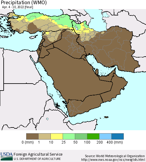 Middle East and Turkey Precipitation (WMO) Thematic Map For 4/4/2022 - 4/10/2022