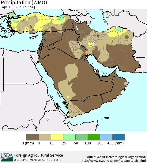 Middle East and Turkey Precipitation (WMO) Thematic Map For 4/11/2022 - 4/17/2022