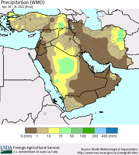 Middle East and Turkey Precipitation (WMO) Thematic Map For 4/18/2022 - 4/24/2022