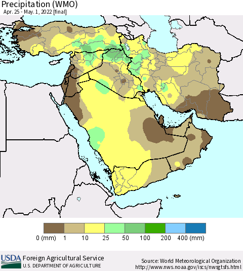 Middle East and Turkey Precipitation (WMO) Thematic Map For 4/25/2022 - 5/1/2022