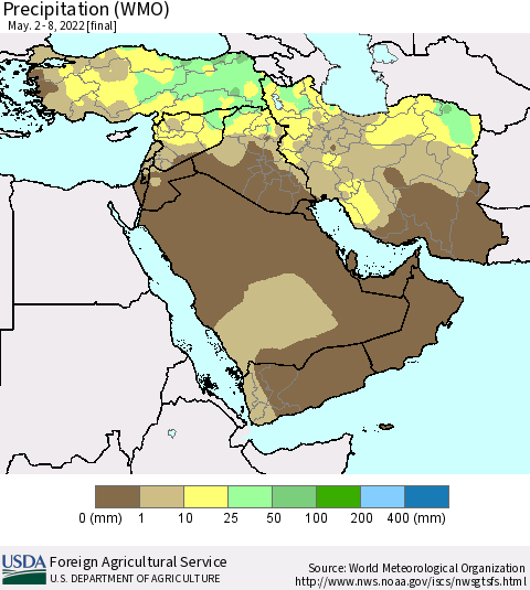 Middle East and Turkey Precipitation (WMO) Thematic Map For 5/2/2022 - 5/8/2022