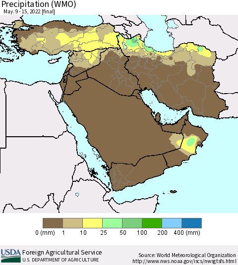 Middle East and Turkey Precipitation (WMO) Thematic Map For 5/9/2022 - 5/15/2022
