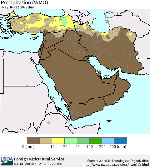 Middle East and Turkey Precipitation (WMO) Thematic Map For 5/16/2022 - 5/22/2022